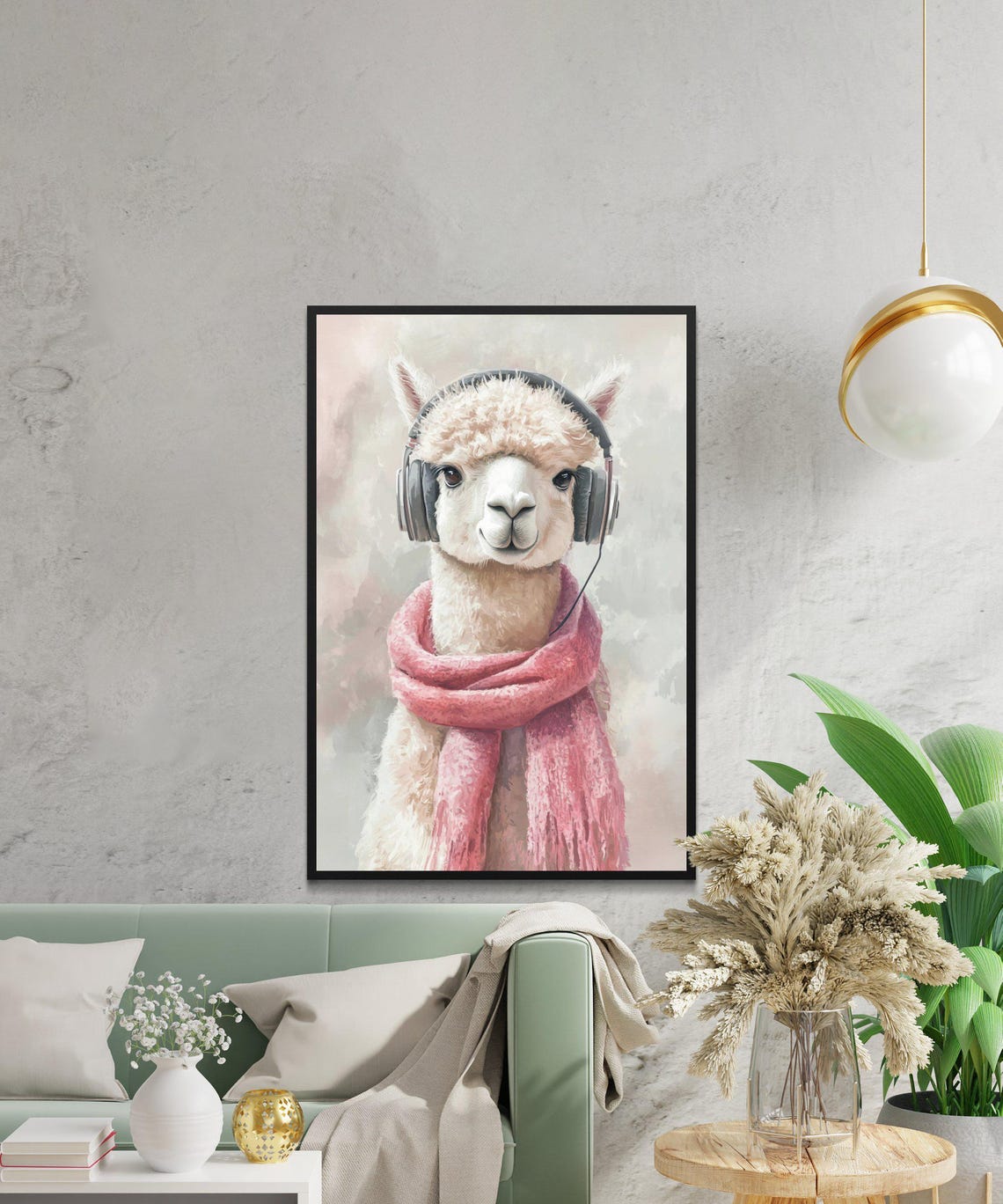 Alpaca Wearing Headphones and a Pink Scarf Watercolor Animal Poster - Image 2