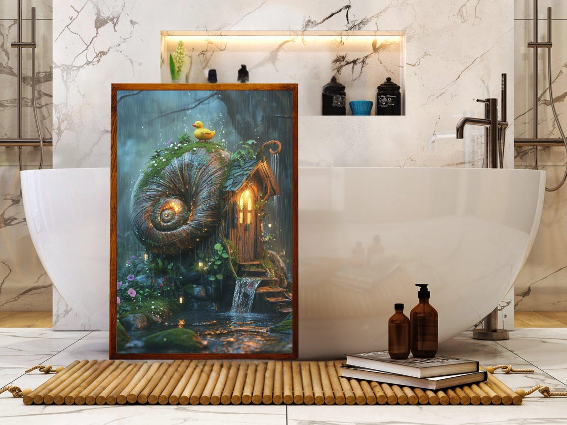 Enchanted Snail Shell Cottage in a Rainy Forest Fantasy Art Print - Image 5