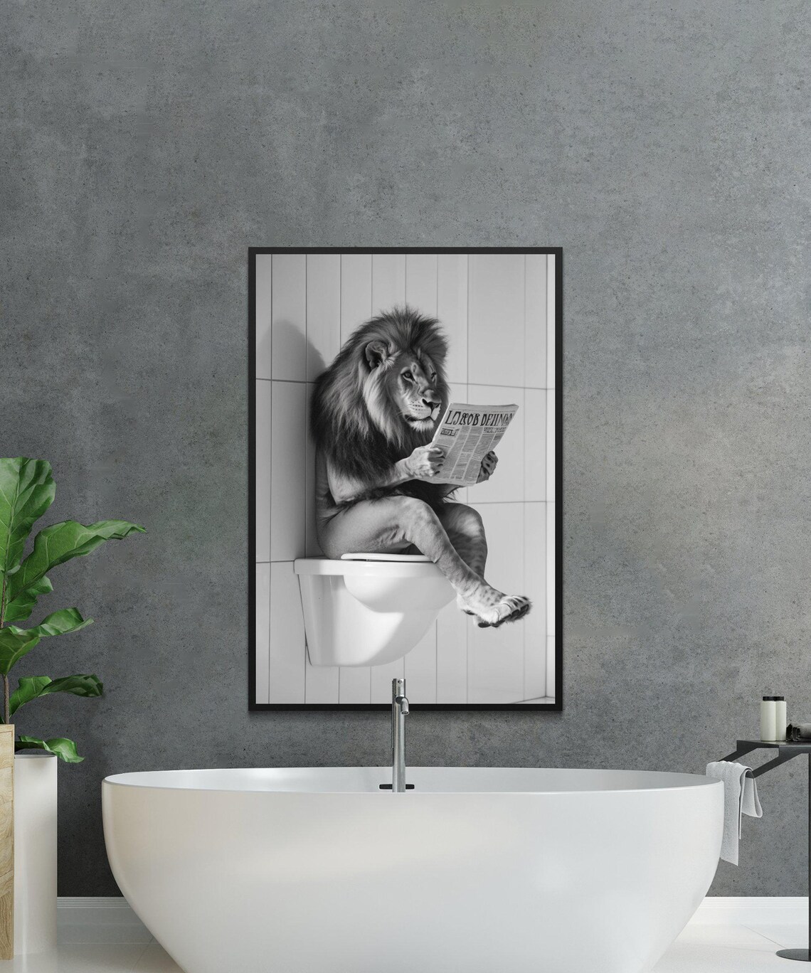 Black And White Lion Reading A Newspaper While Sitting On A Toilet Poster - Image 3