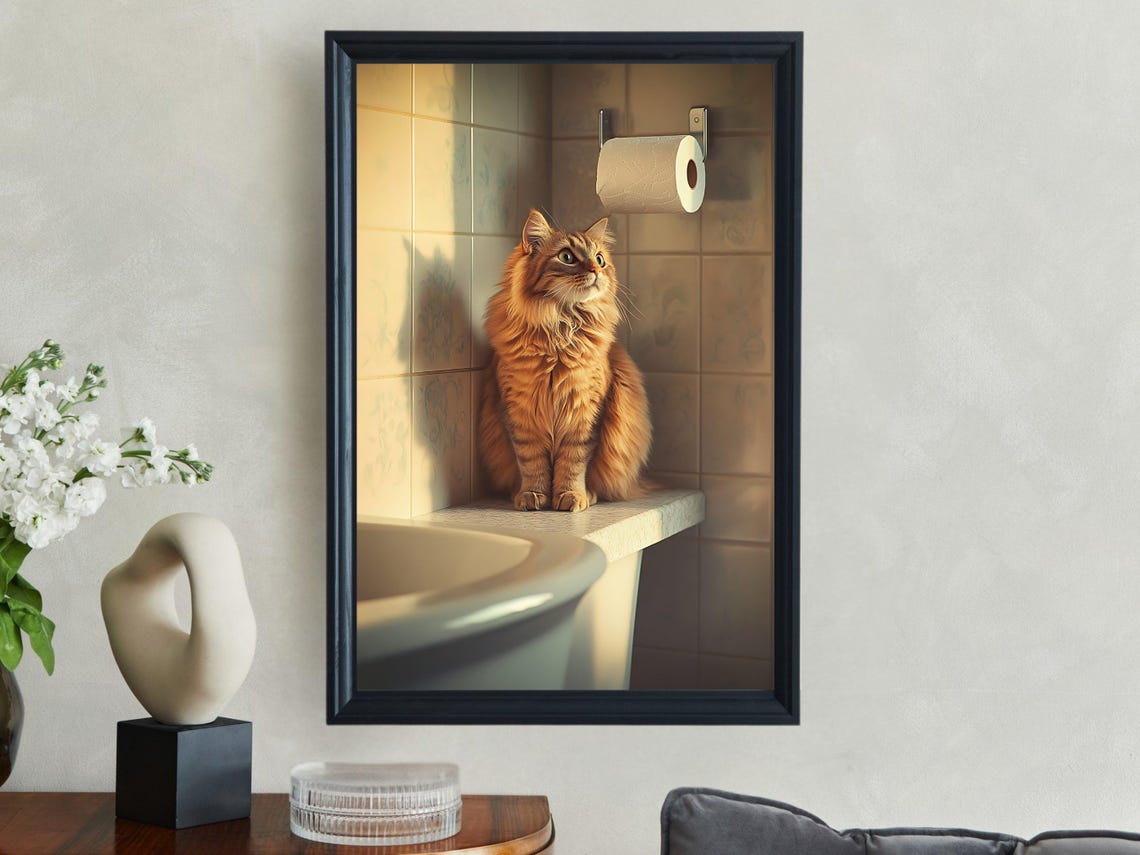 Long Haired Ginger Cat Resting on Counter in a Sunlit Bathroom Poster - Image 2