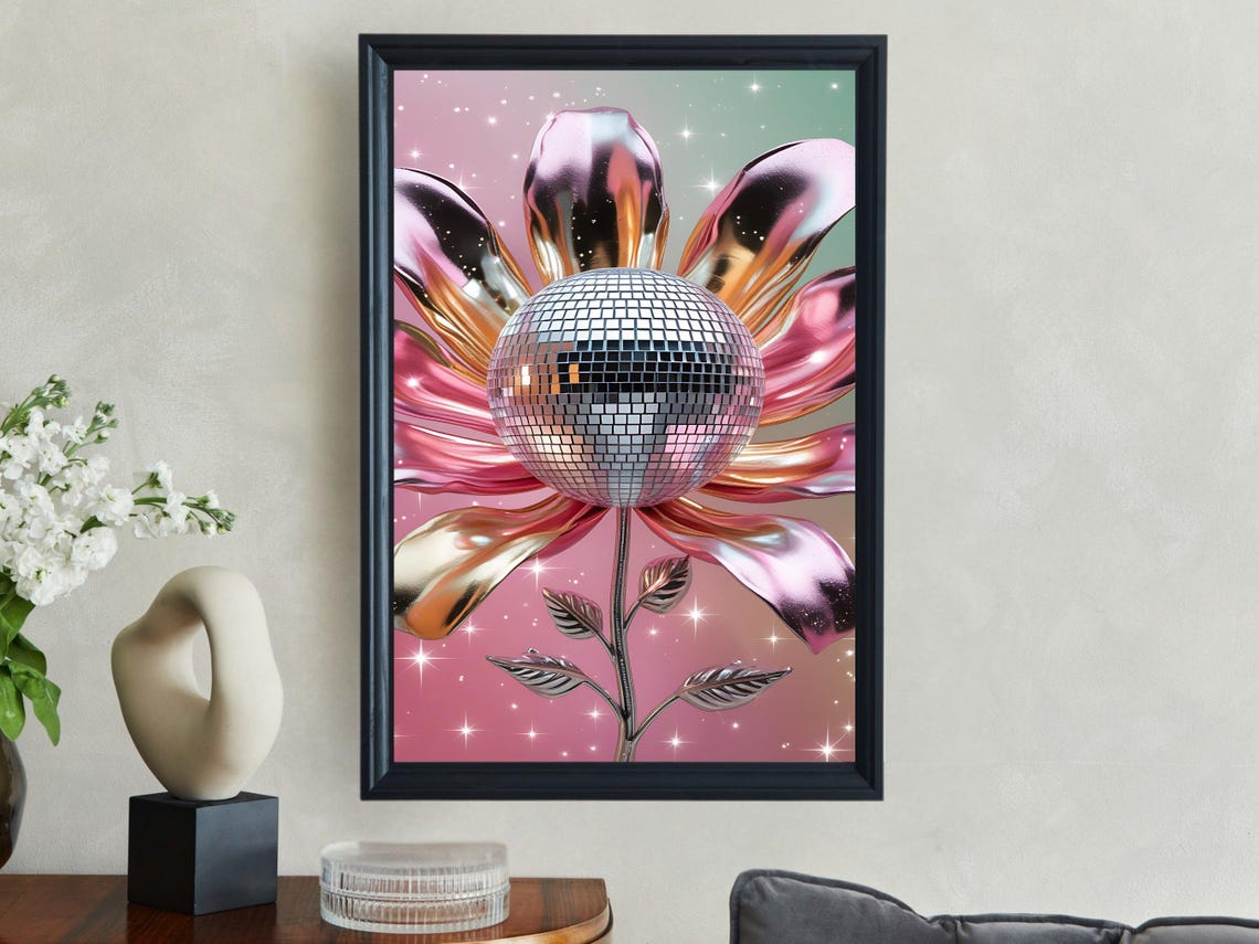 Disco Ball Flower Pink Metallic Petals Glam Sparkle Art Poster