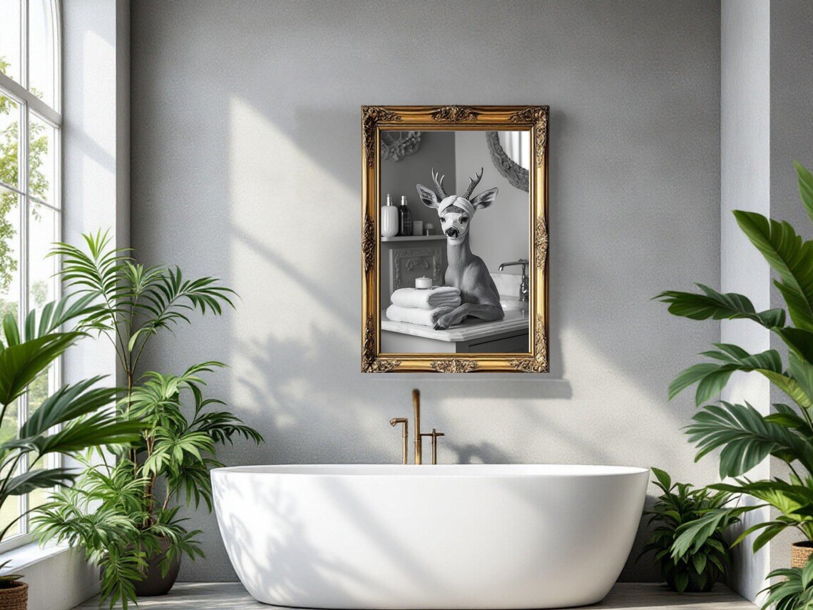 Deer Spa Day With Towel Turban Black And White Bathroom Poster - Image 3