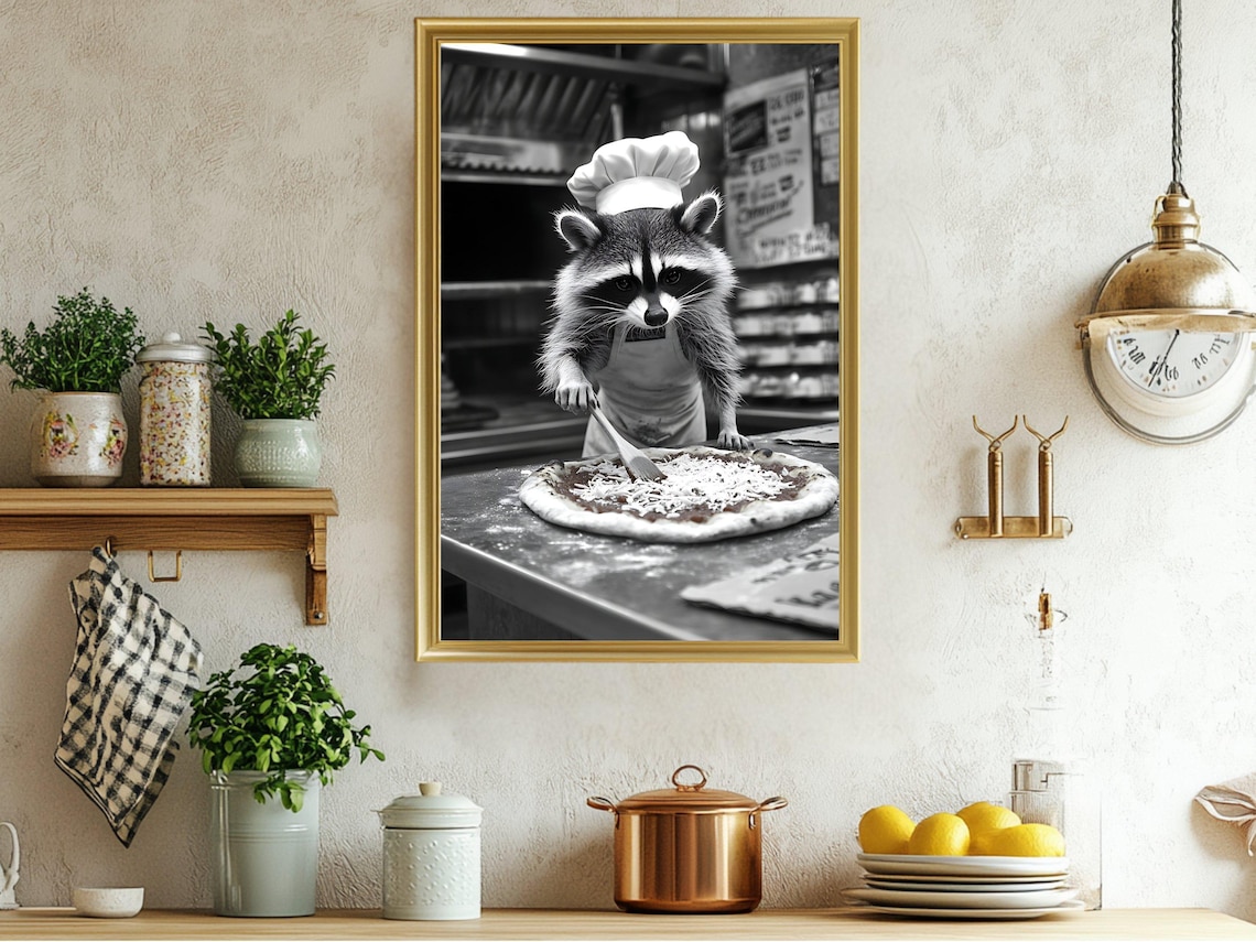 Raccoon Chef Making Pizza Funny Animal Pizzeria Kitchen Art Print