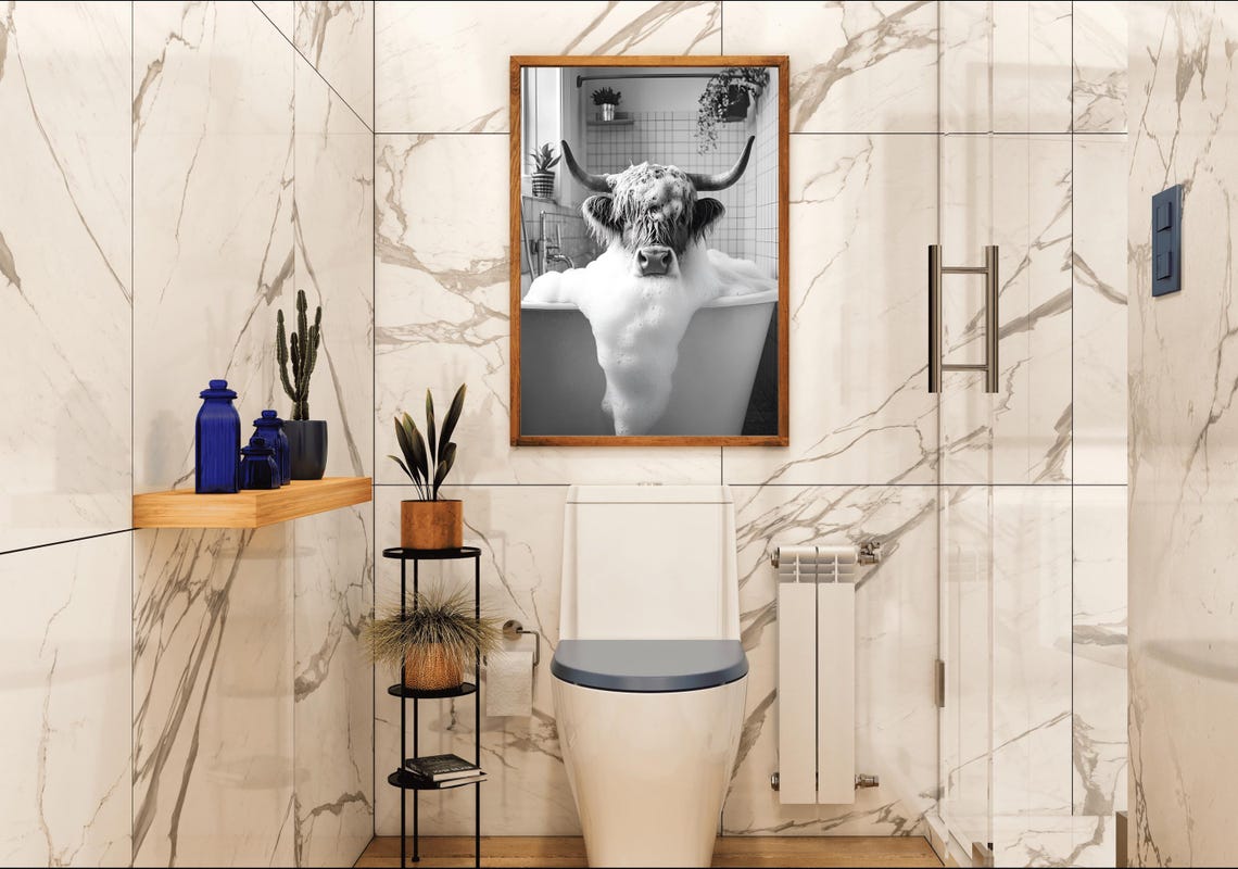 Highland Cow Soaking in a Bubble Bath Black and White Farmhouse Poster - Image 4
