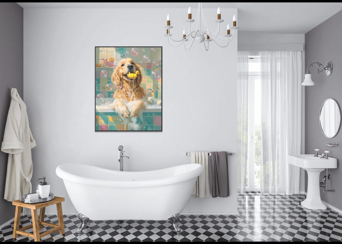 Golden Retriever Puppy In Bubble Bath Holding Rubber Duck Poster - Image 3
