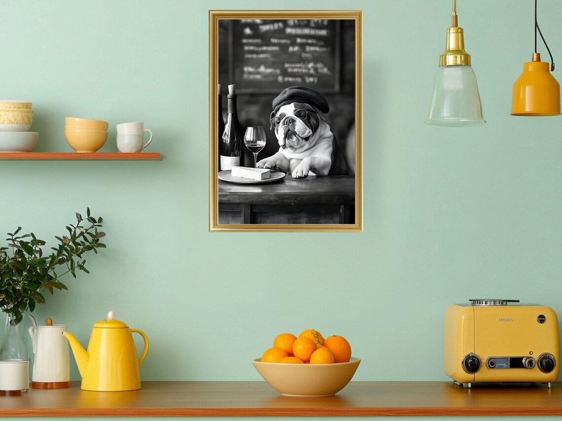 Bulldog Wine Bar With Beret French Pet Lover Humor Art Poster - Image 3