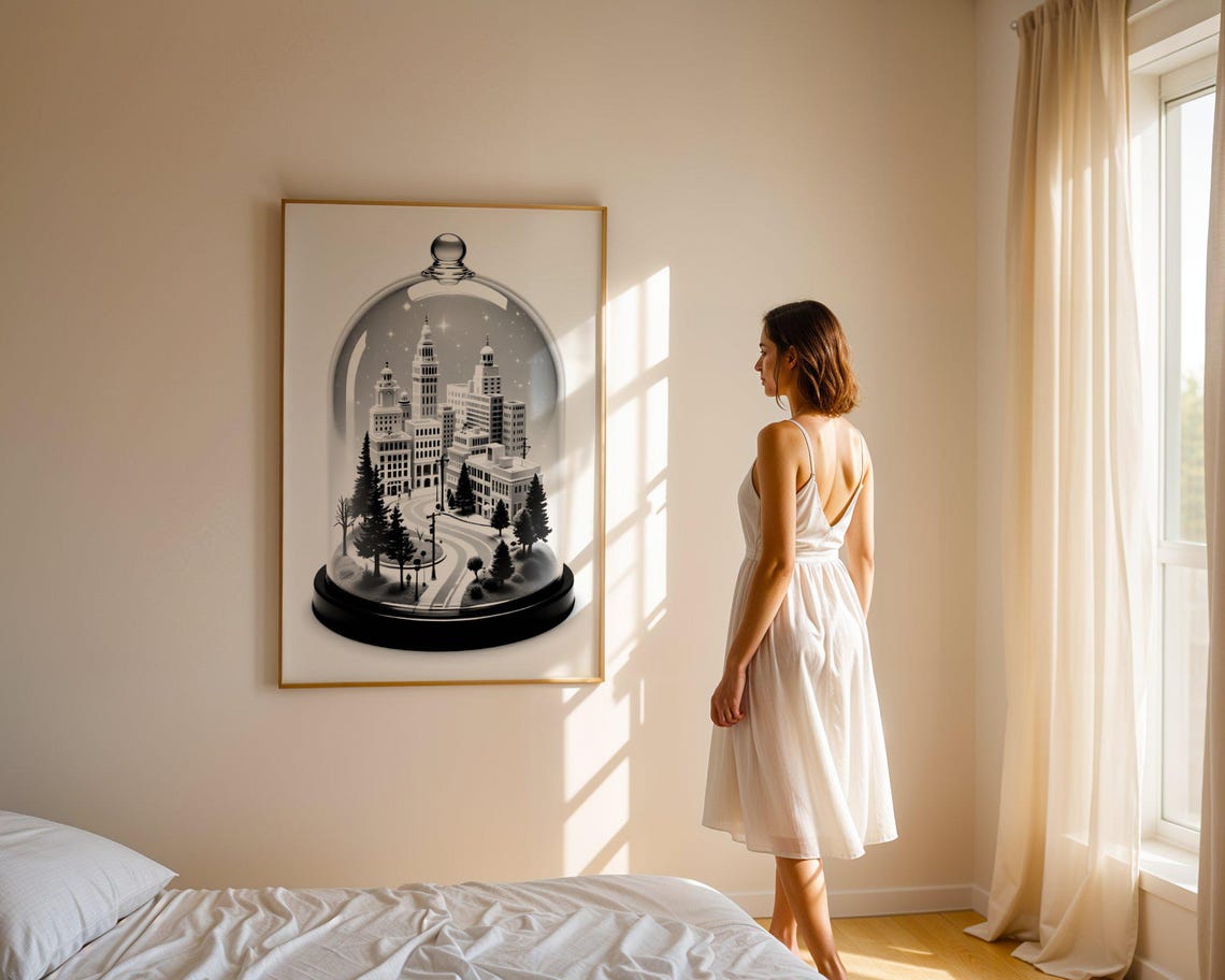 Miniature City Under Glass Dome Black White Night Dream Poster - Image 5