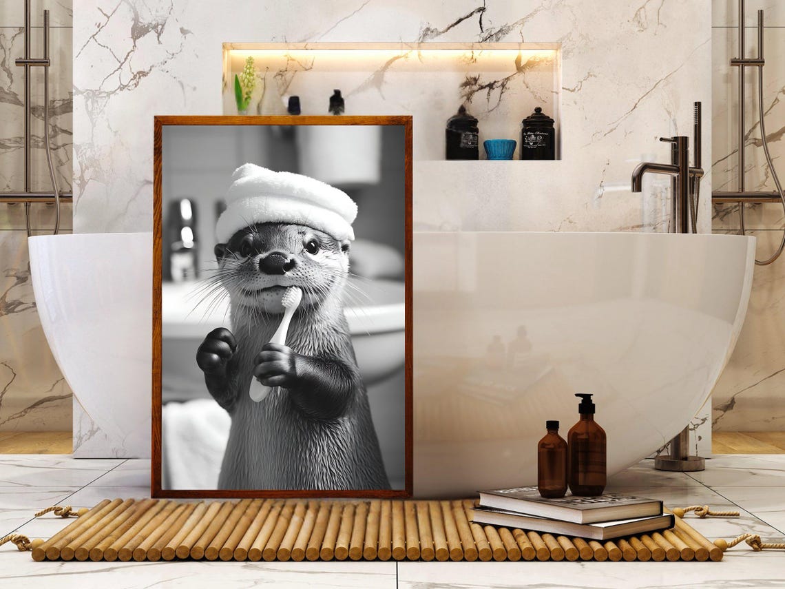 Otter Brushing Teeth With Towel On Head Black And White Poster - Image 5