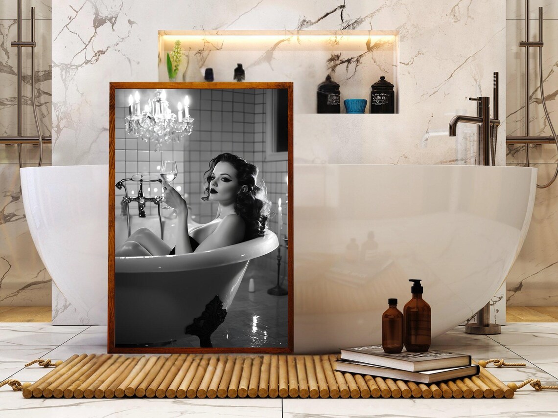 Glamorous Vintage Woman in Clawfoot Tub with Wine, B&W Poster - Image 4