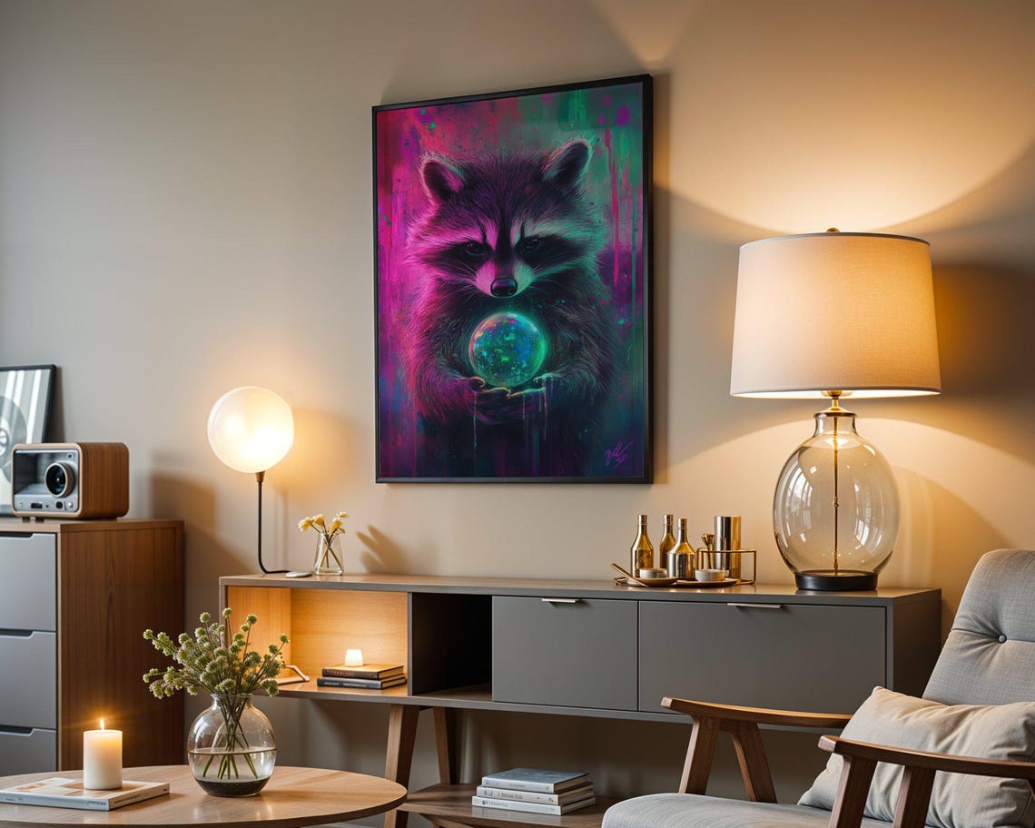 Neon Raccoon Holding A Glowing Galaxy Orb In Pink And Teal Poster - Image 3