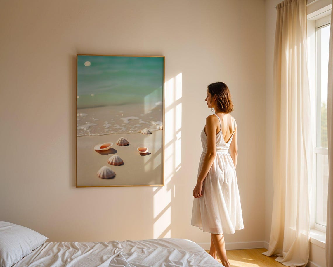 Scattered Seashells On Wet Sand At Turquoise Water Shoreline Poster - Image 4