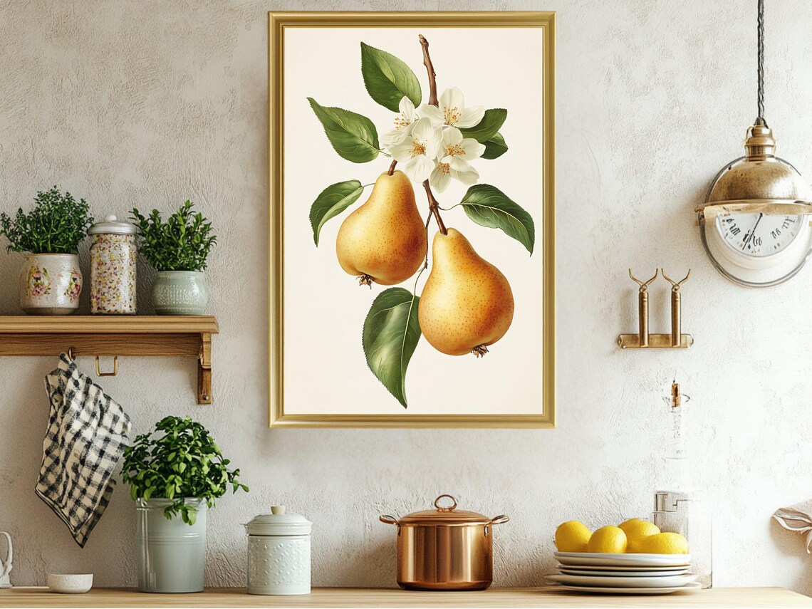 Golden Pears on Blossom Branch Vintage Botanical Fruit Poster