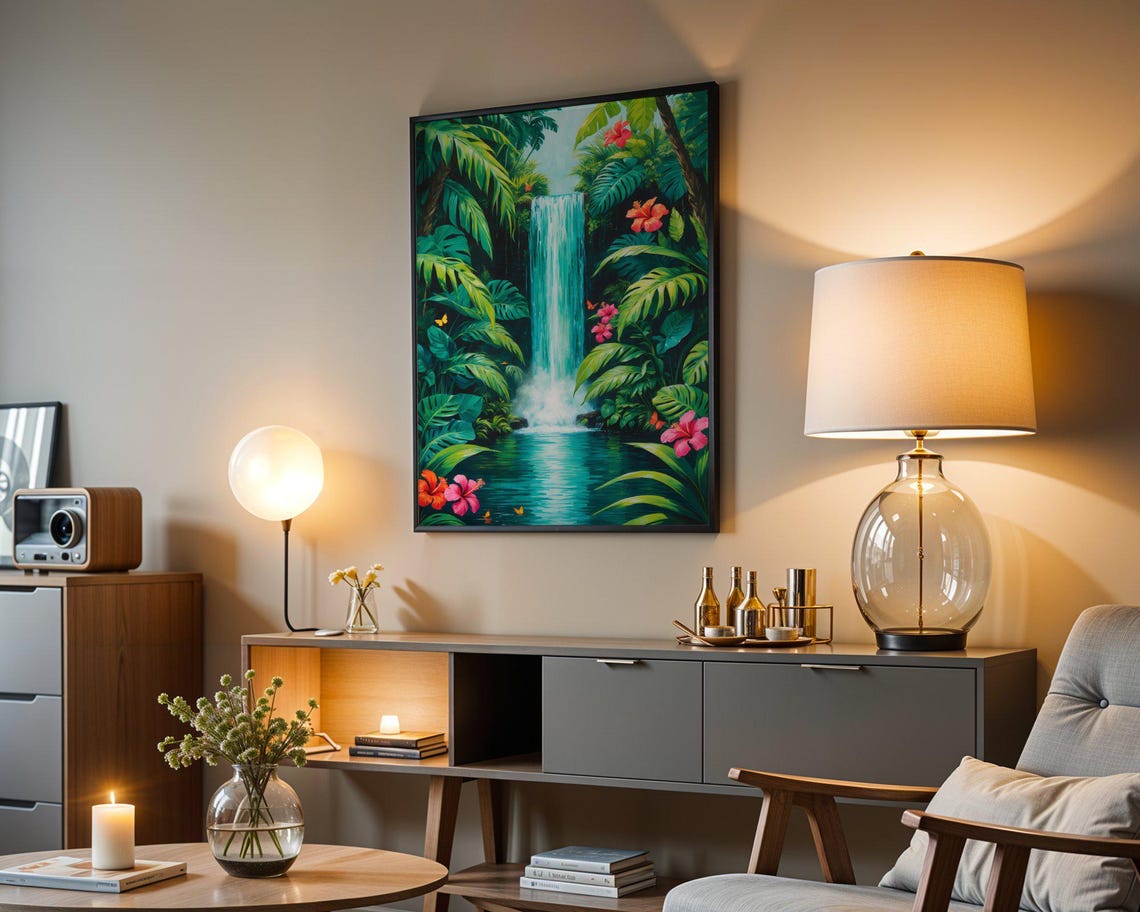 Jungle Waterfall Surrounded By Lush Greenery And Pink Hibiscus Poster - Image 3
