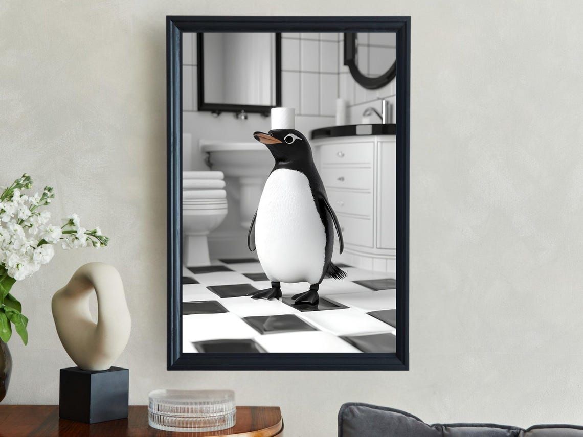 Penguin In Checkered Bathroom Black And White Funny Animal Poster - Image 2