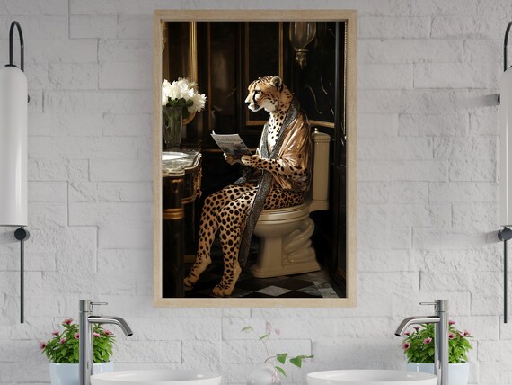 Elegant Cheetah in a Bathrobe Reading a Magazine on Toilet Poster
