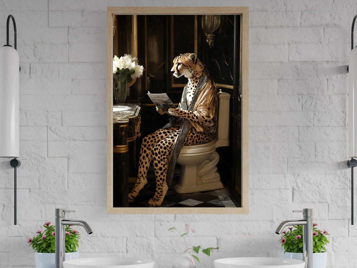 Elegant Cheetah in a Bathrobe Reading a Magazine on Toilet Poster