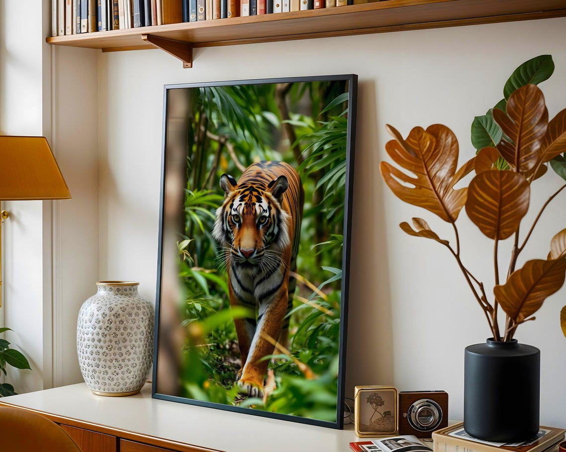 Majestic Tiger Emerging From Dense Green Jungle Foliage Poster - Image 3