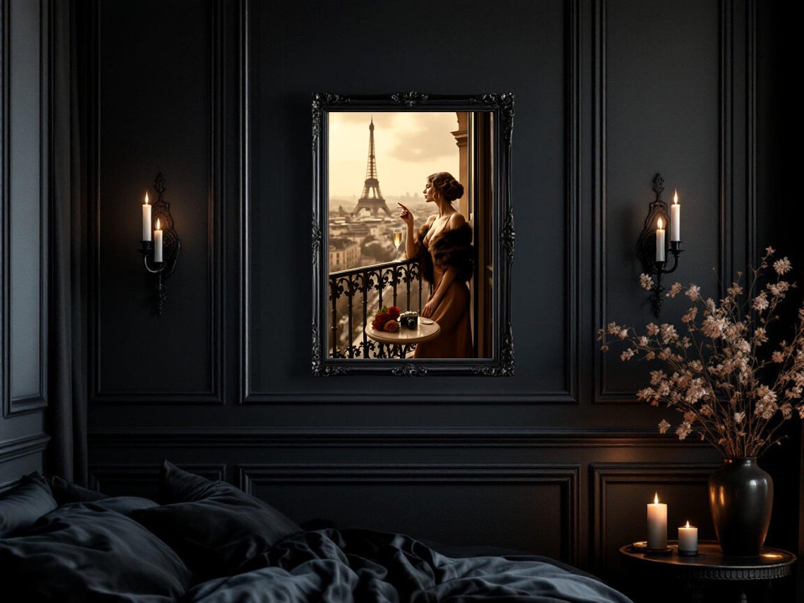 Woman on Paris Balcony with Eiffel Tower View and Champagne Poster - Image 3