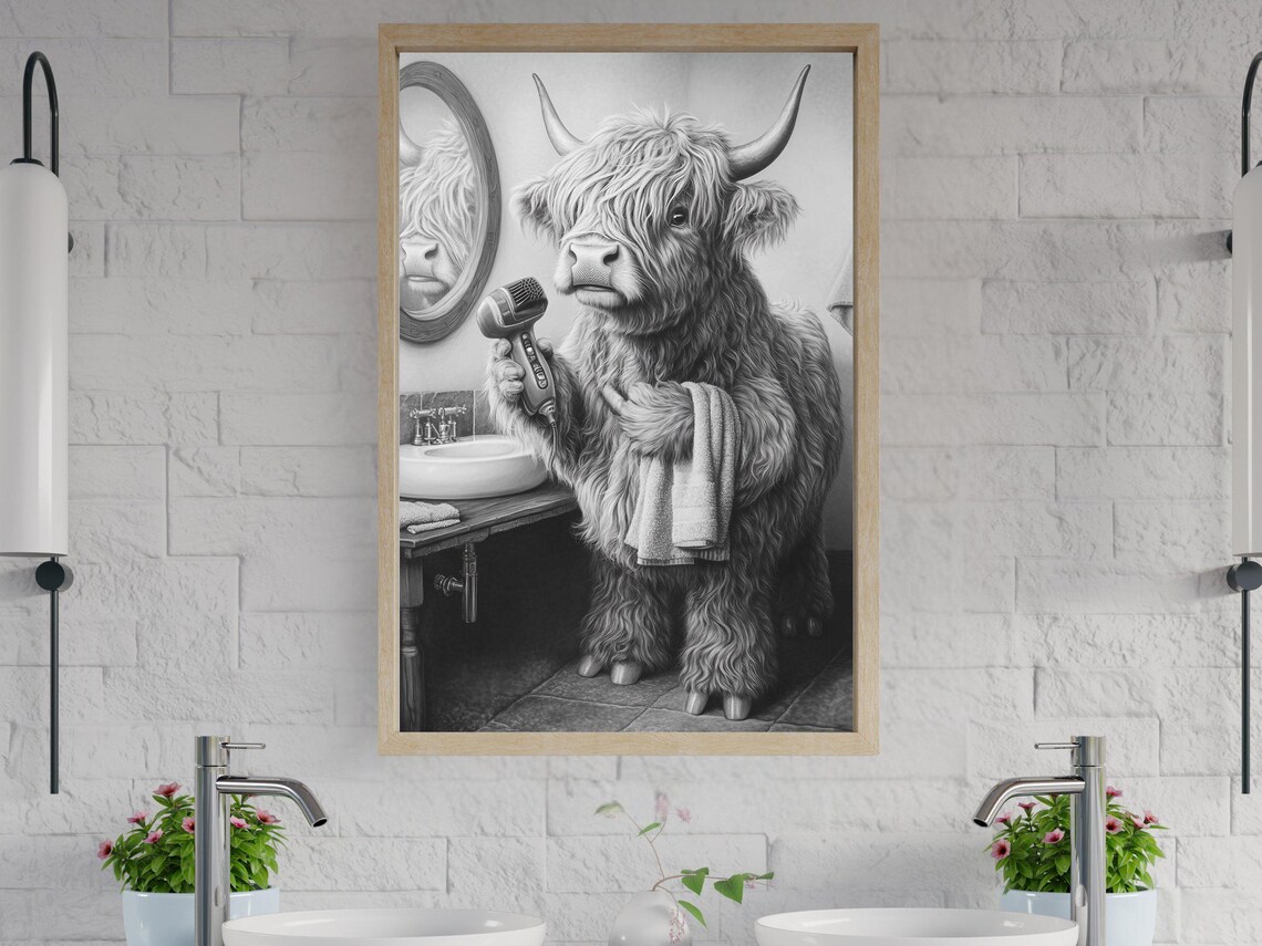 Highland Cow With Hair Dryer in Bathroom Black and White Poster