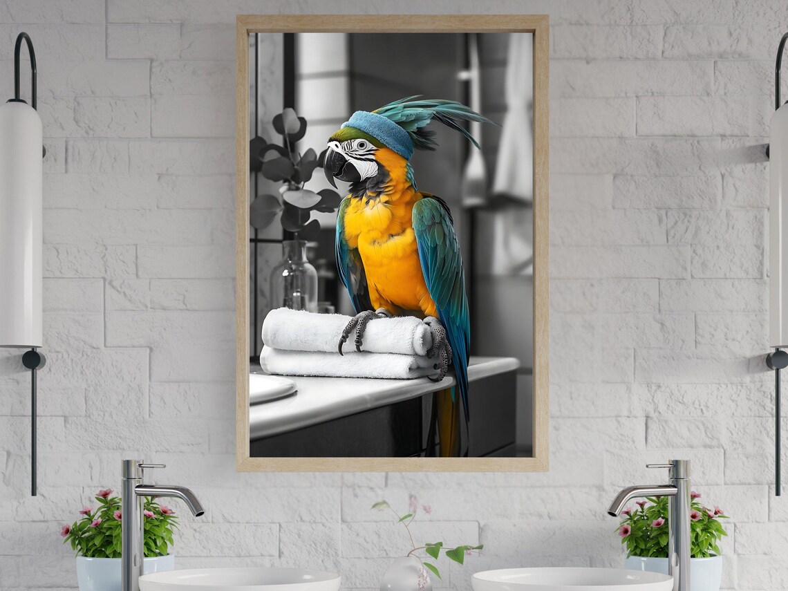 Colorful Macaw Parrot With a Towel Turban on Bathroom Towels Poster