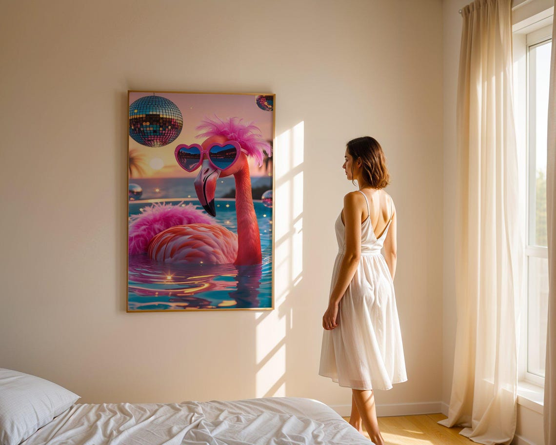 Flamingo In Heart Sunglasses Floating Pool Sunset Disco Party Poster - Image 3