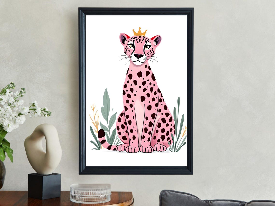 Pink Leopard with Gold Crown Sitting Among Leaves Nursery Poster