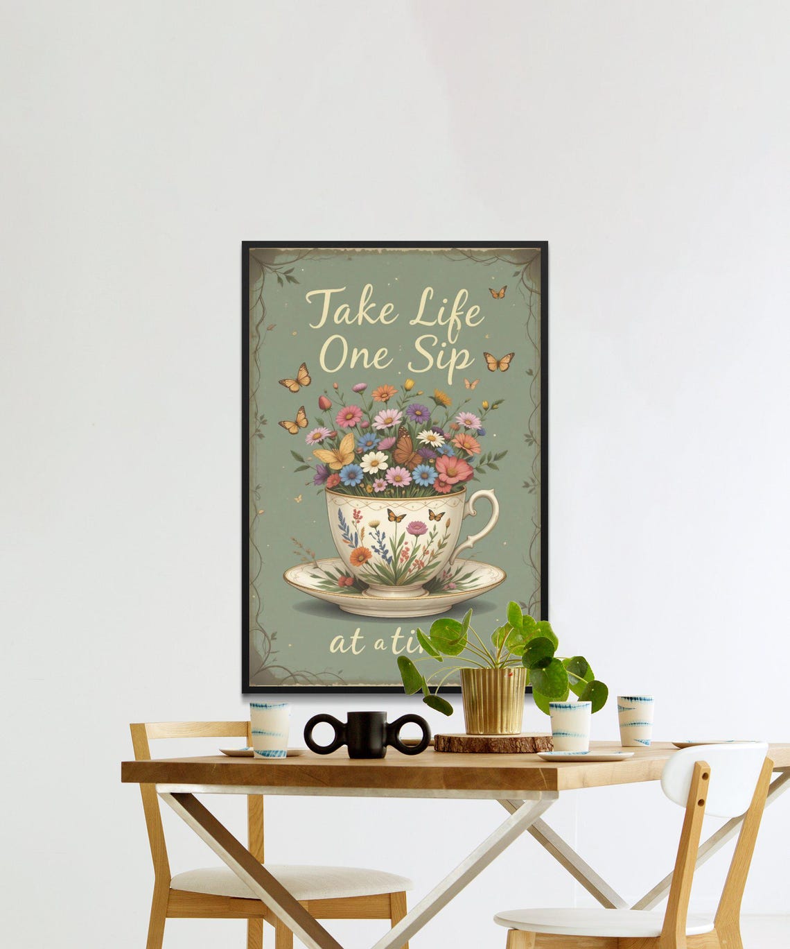 Take Life One Sip At A Time Floral Teacup Butterfly Quote Poster - Image 2