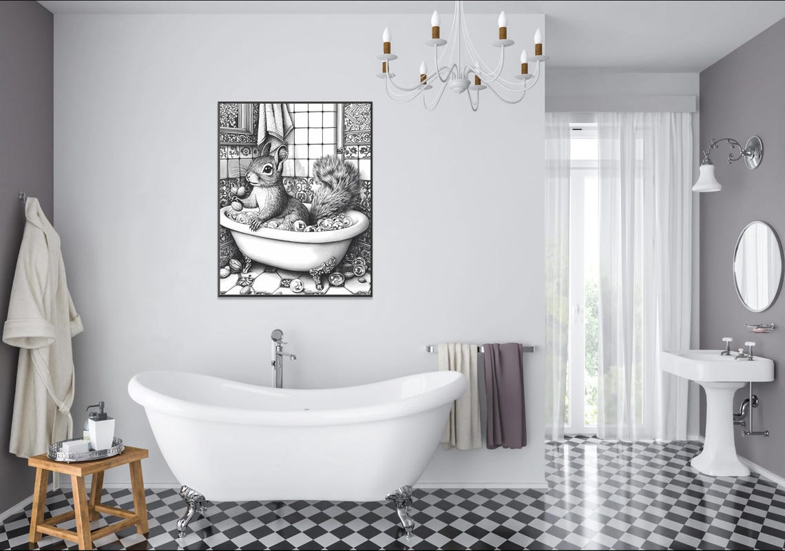 Squirrel Bathing with Walnuts in an Engraved Bathtub Sketch Poster - Image 2