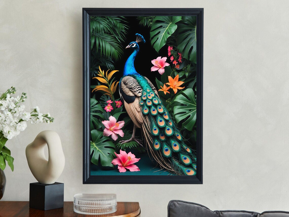 Majestic Peacock Standing Among Pink Hibiscus In A Dark Jungle Poster
