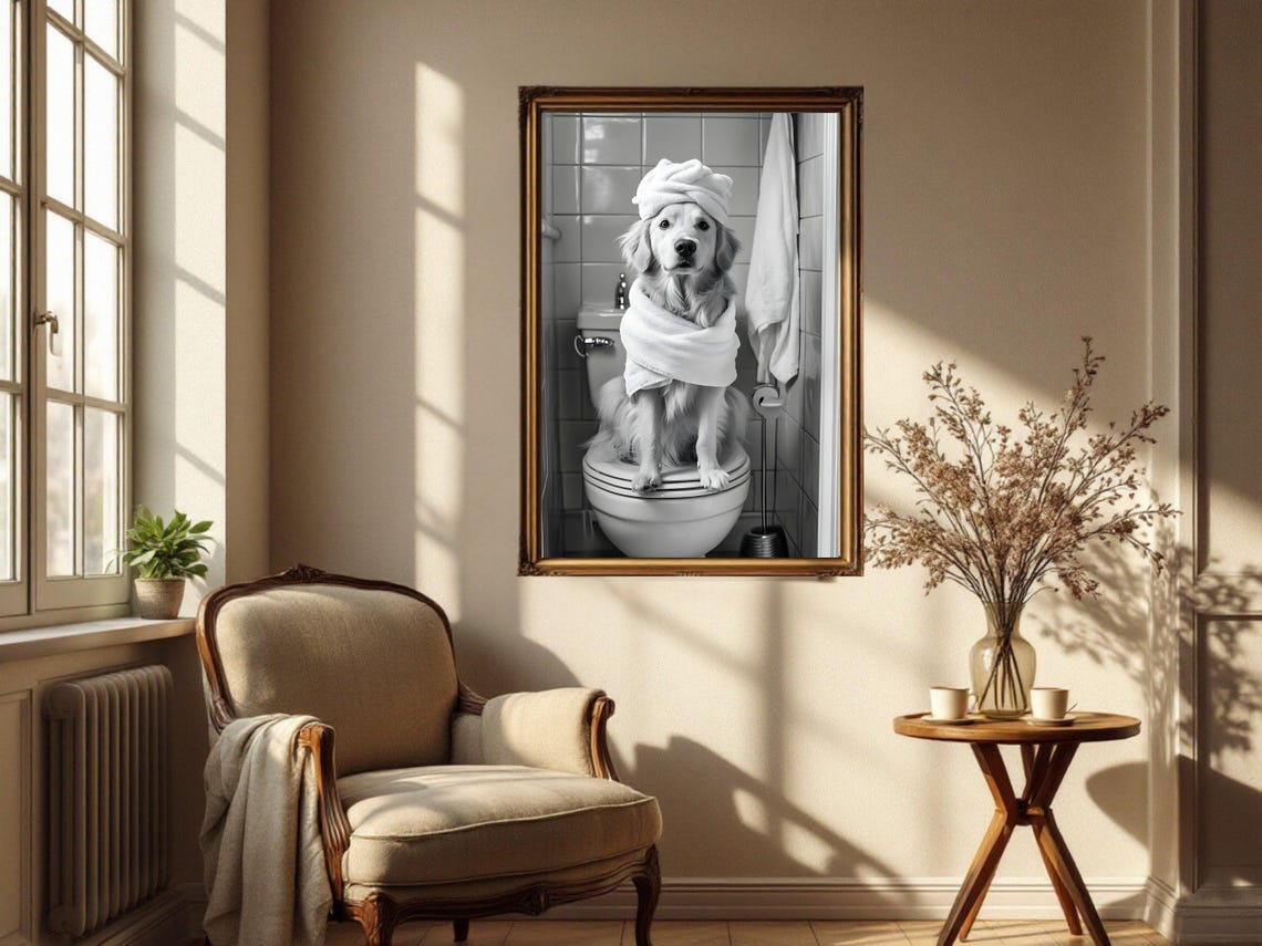 Golden Retriever Wrapped in Towels Enjoying a Spa Day on Toilet Poster - Image 4