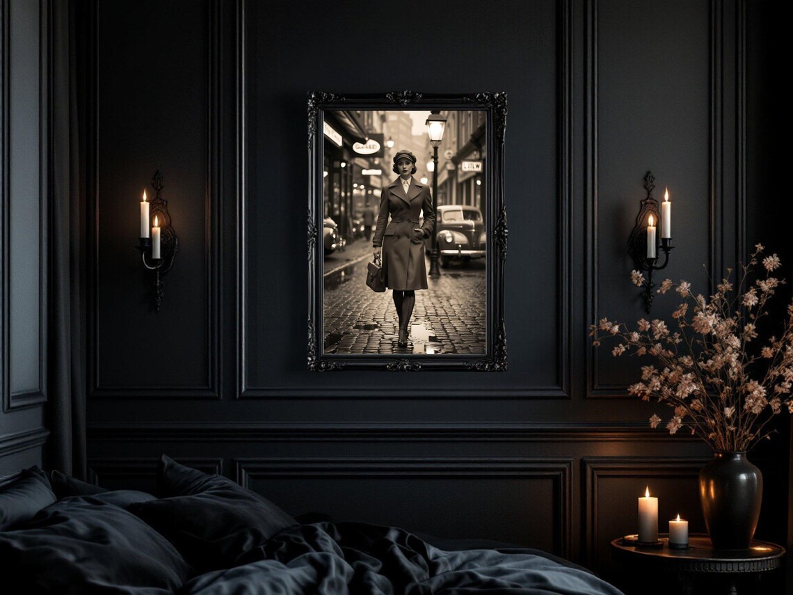 Woman In Trench Coat On A Rainy Wet Cobblestone Street Poster - Image 3