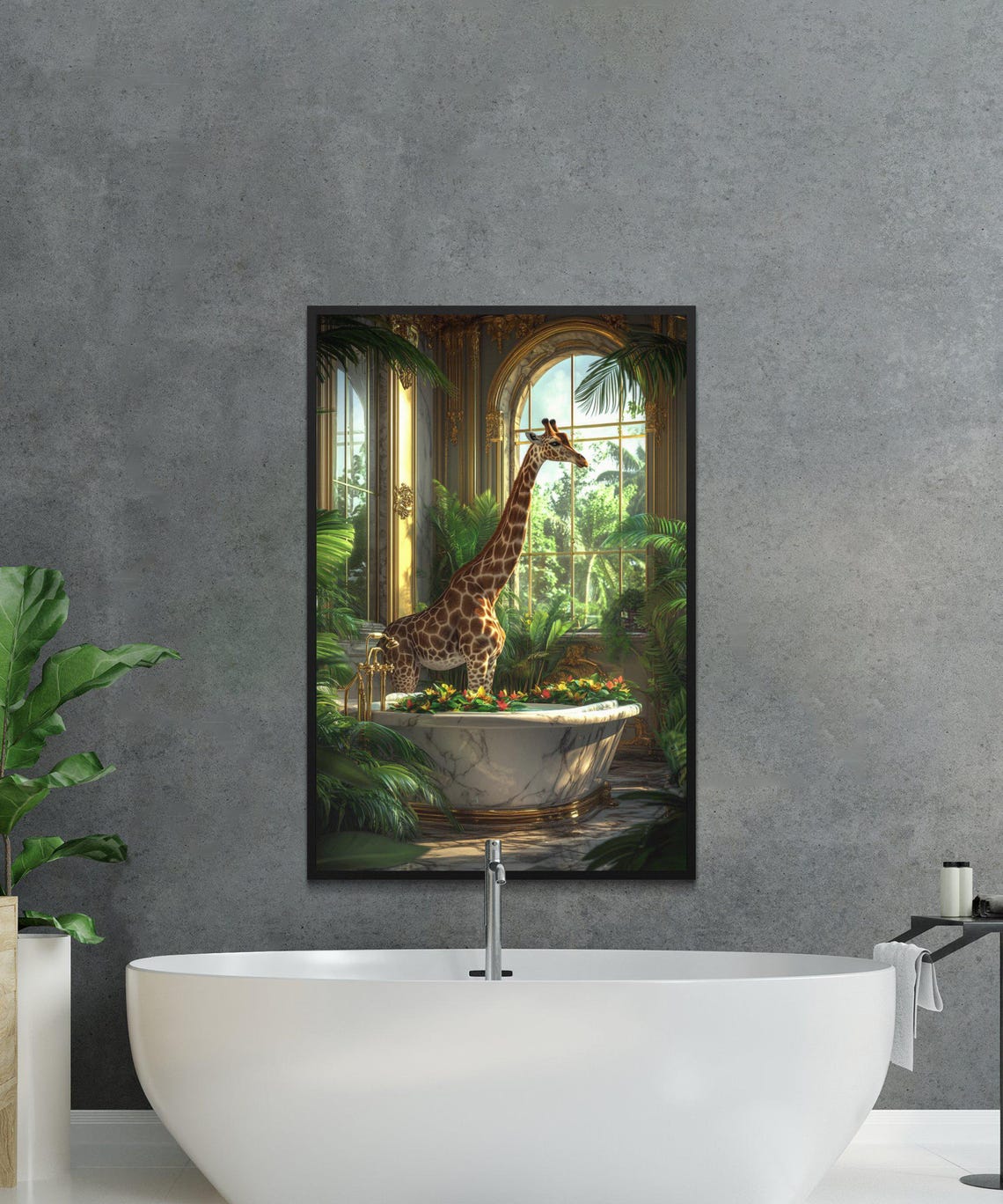 Giraffe Bathing in a Marble Tub Tropical Conservatory Night Poster - Image 2