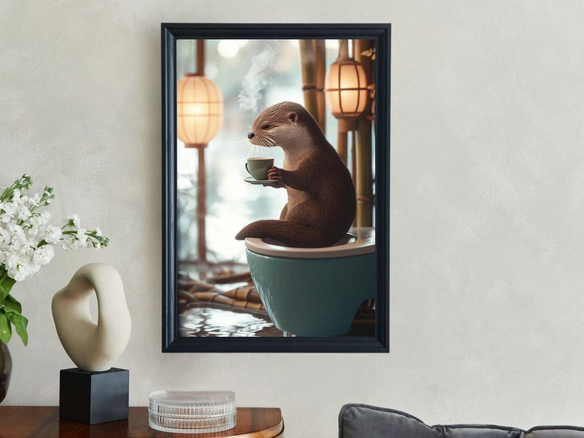 Serene Otter Drinking Tea While Sitting On A Teal Toilet Poster