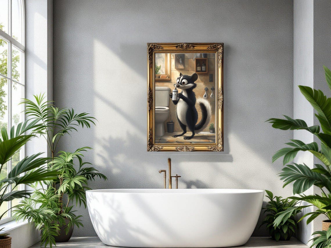 Adorable Skunk Holding Bottle In Bathroom Quirky Animal Art Poster - Image 3