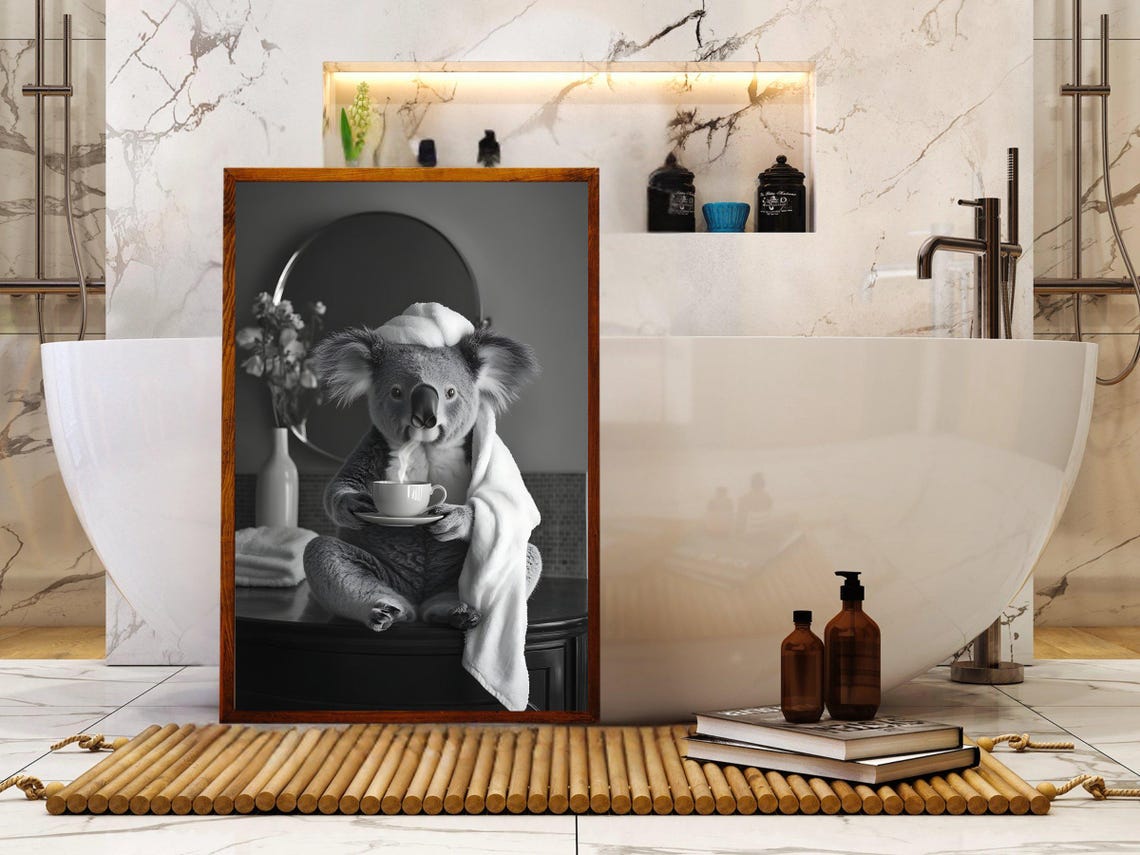 Koala Wrapped In Towel Drinking Coffee Black And White Poster - Image 5