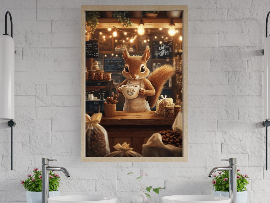 Squirrel Barista Holding a Hot Latte Behind a Coffee Bar Poster