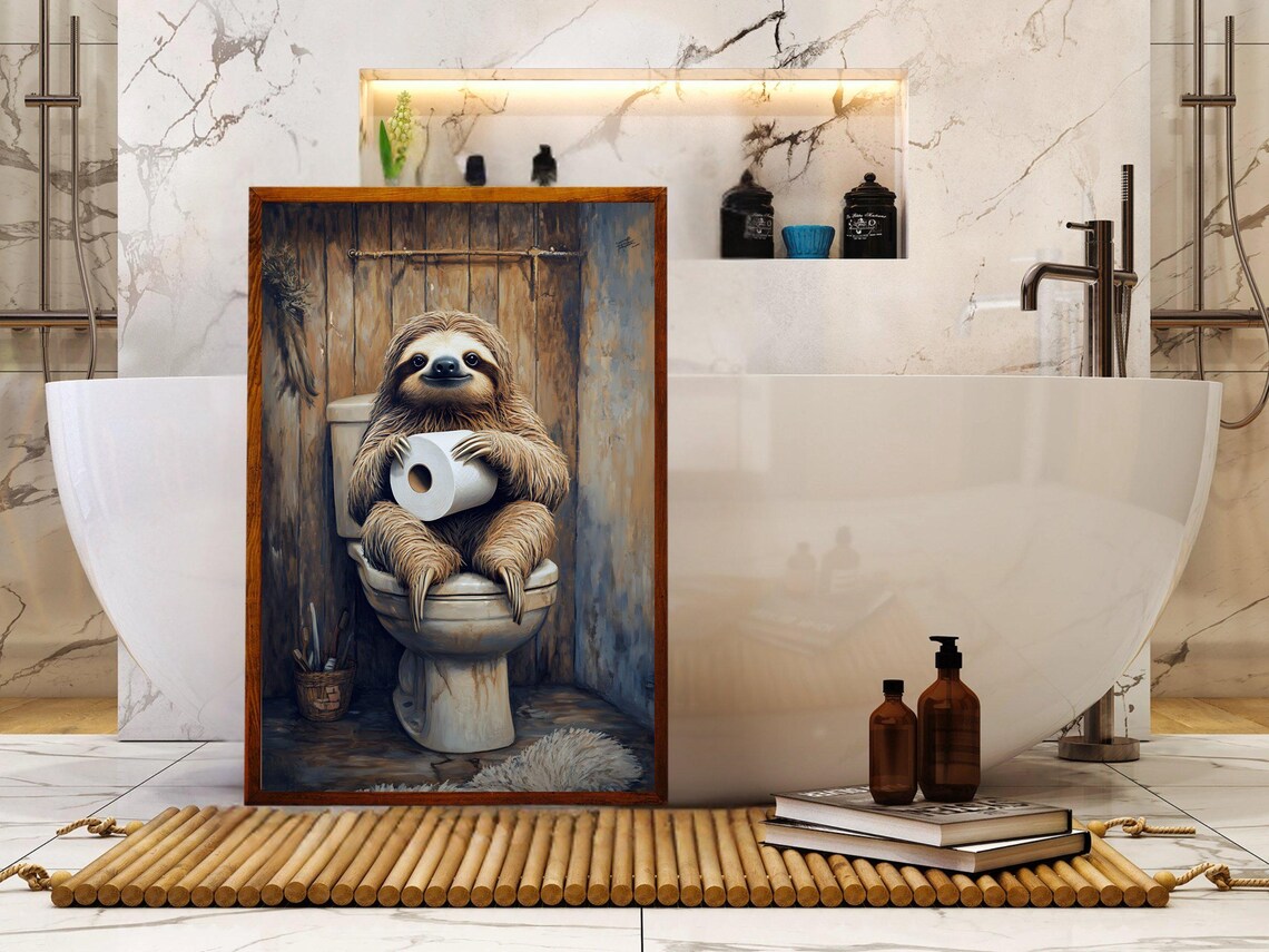 Sloth Sitting On Toilet Holding Toilet Paper Funny Animal Poster - Image 5