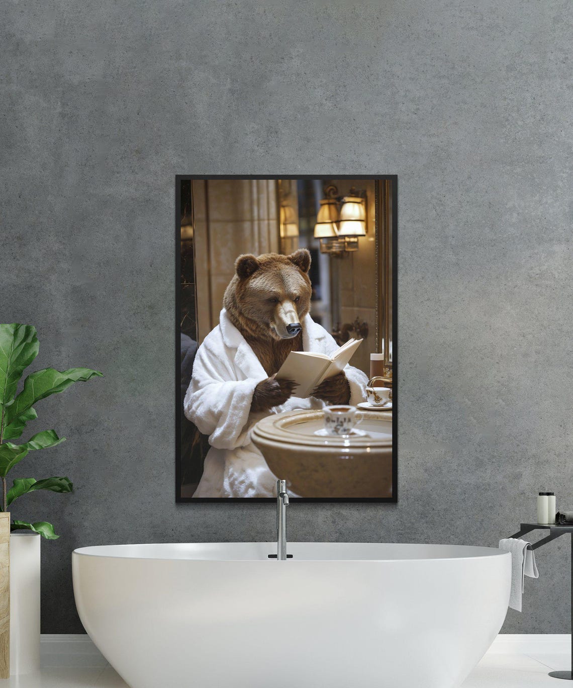 Brown Bear in a Bathrobe Reading a Book Beside the Sink Poster - Image 2