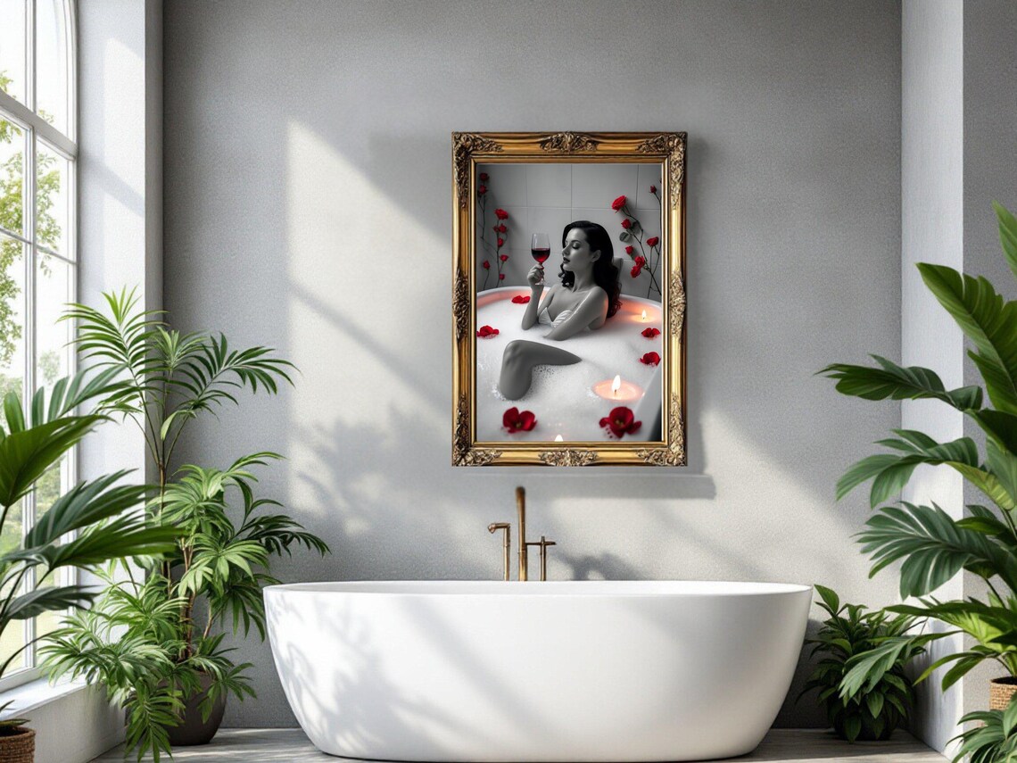 Elegant Woman In Bathtub Wall Art Luxury Spa Bathroom Decor Red Roses And Candles Relaxation And Serenity Print - Image 3