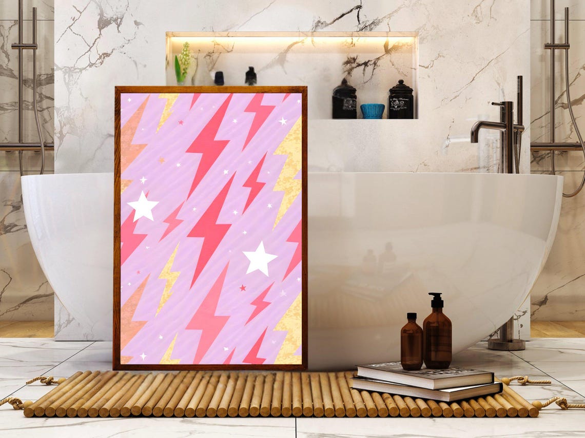 Vibrant Pink Lightning Bolt and Star Pattern Preppy Room Poster - Image 2