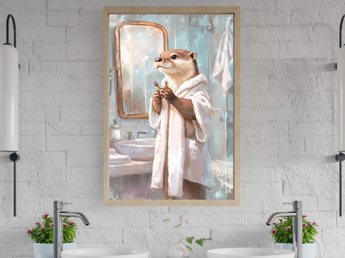 Otter in a Bathrobe Brushing Teeth at a Bathroom Mirror Poster