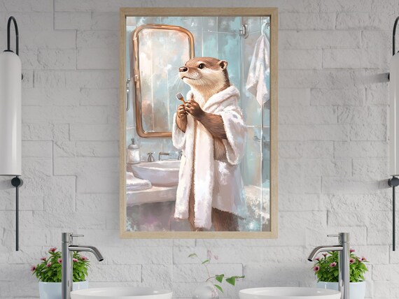 Otter in a Bathrobe Brushing Teeth at a Bathroom Mirror Poster