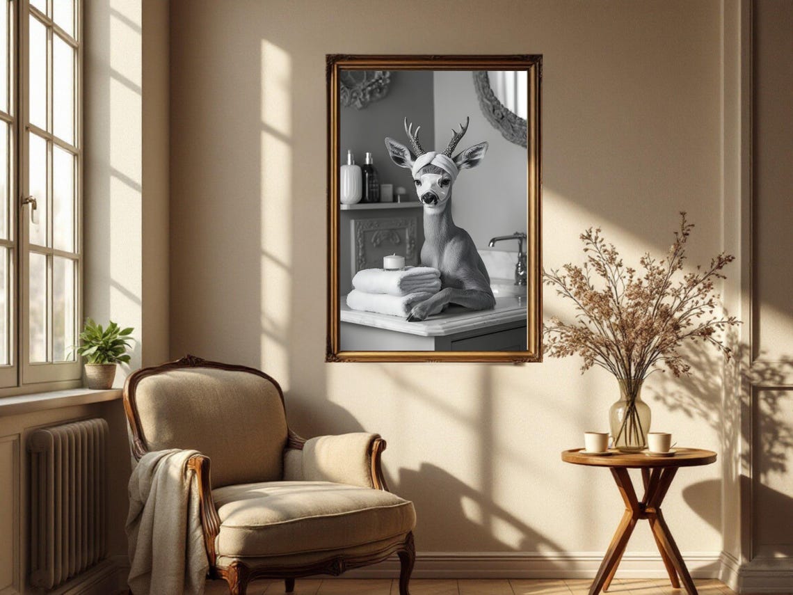 Deer Spa Day With Towel Turban Black And White Bathroom Poster - Image 4
