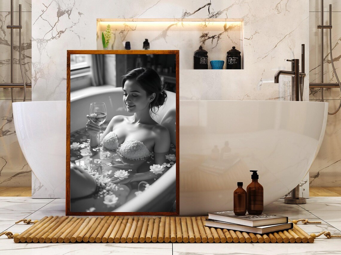 Serene Woman in Flower-Filled Bathtub with Wine Glass, B&W Poster - Image 4