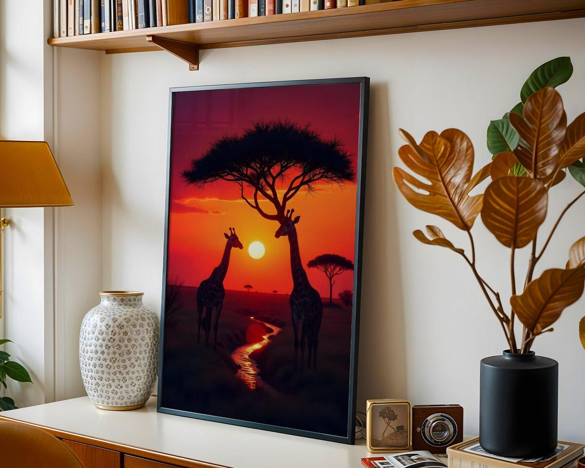 Giraffes Under Acacia Tree at Blazing African Red Sunset Poster - Image 3
