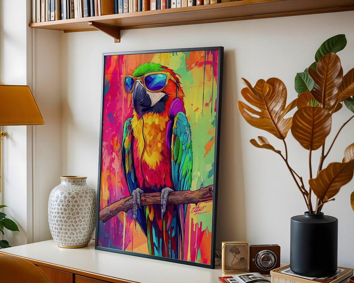 Cool Macaw Parrot With Sunglasses and Headphones Neon Art Poster - Image 2
