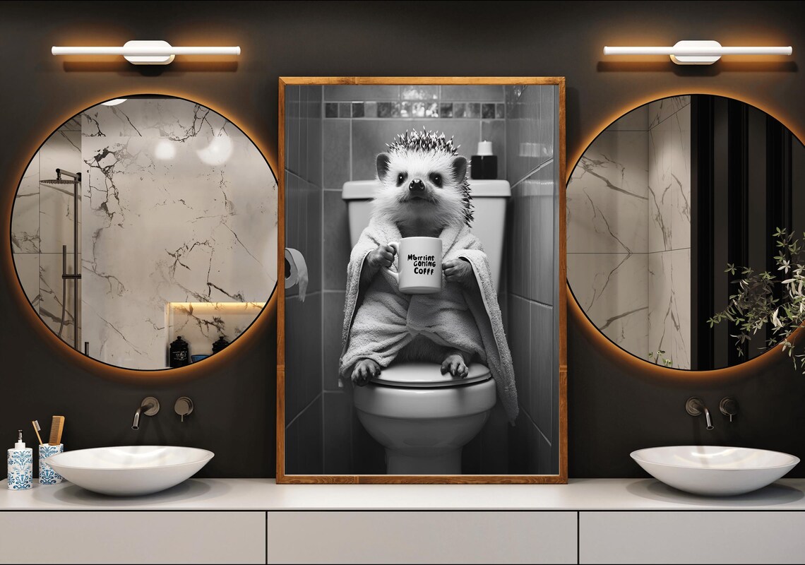 Hedgehog Drinking Coffee on the Toilet Funny Monochrome Bathroom Poster - Image 3