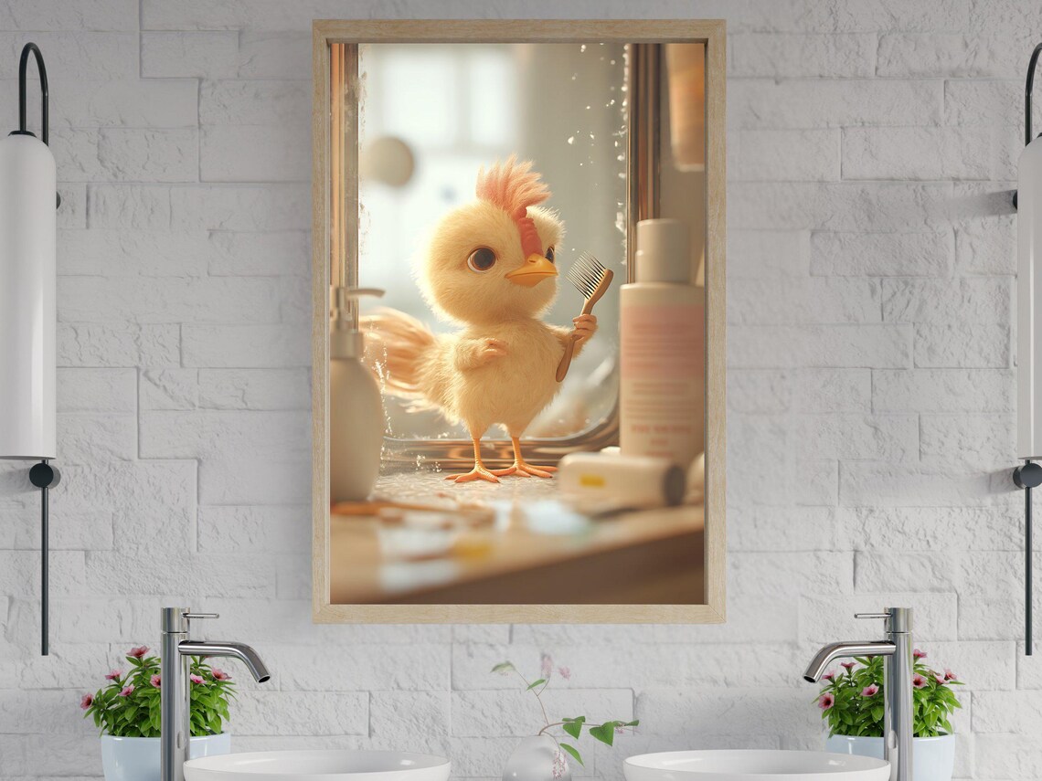 Fluffy Baby Chick Holding Toothbrush at the Bathroom Sink Poster