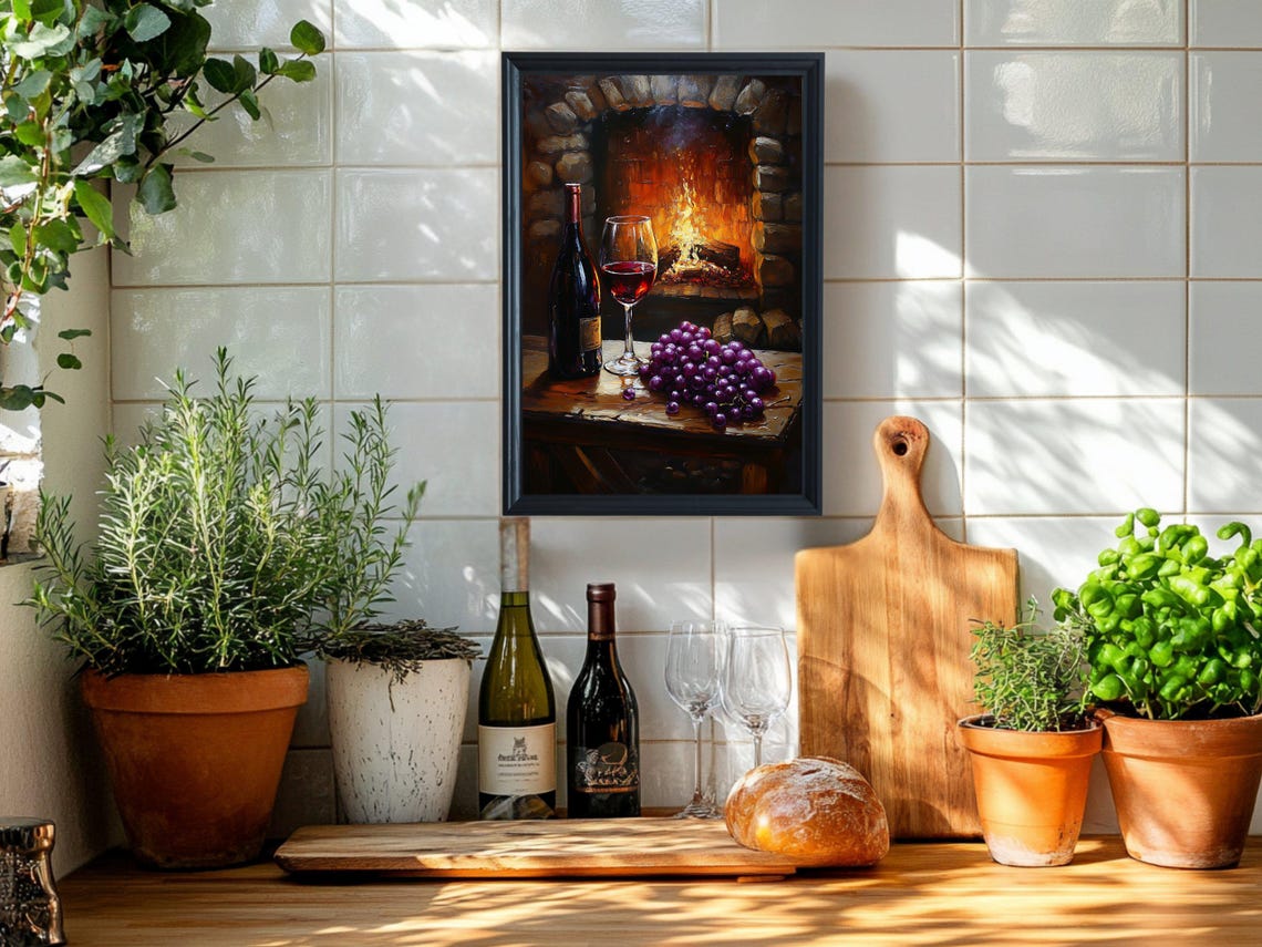 Red Wine and Grapes Still Life Painting by a Fireplace Poster - Image 5