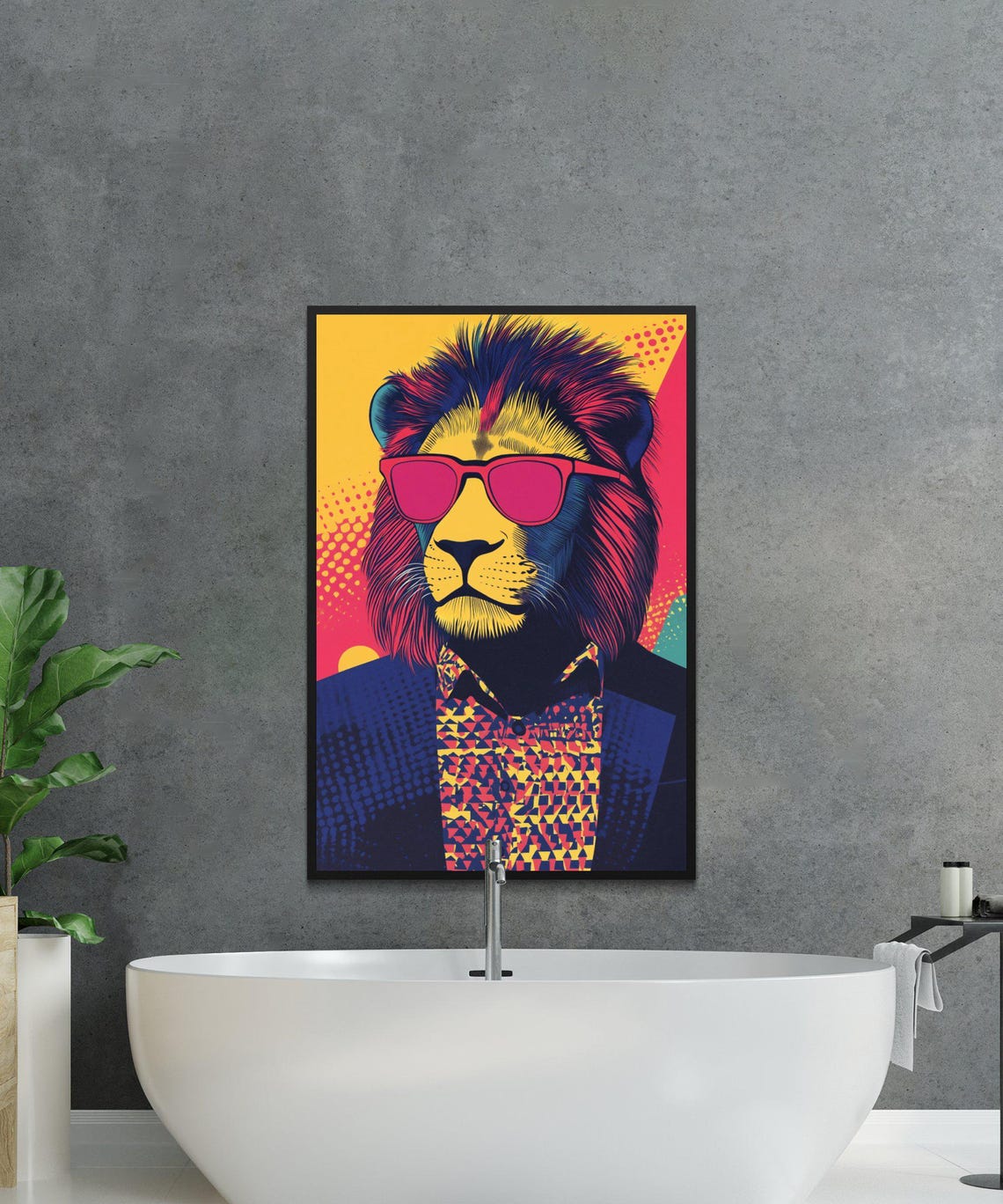 Bold Pop Art Lion In Pink Sunglasses And Suit On Halftone Poster - Image 3